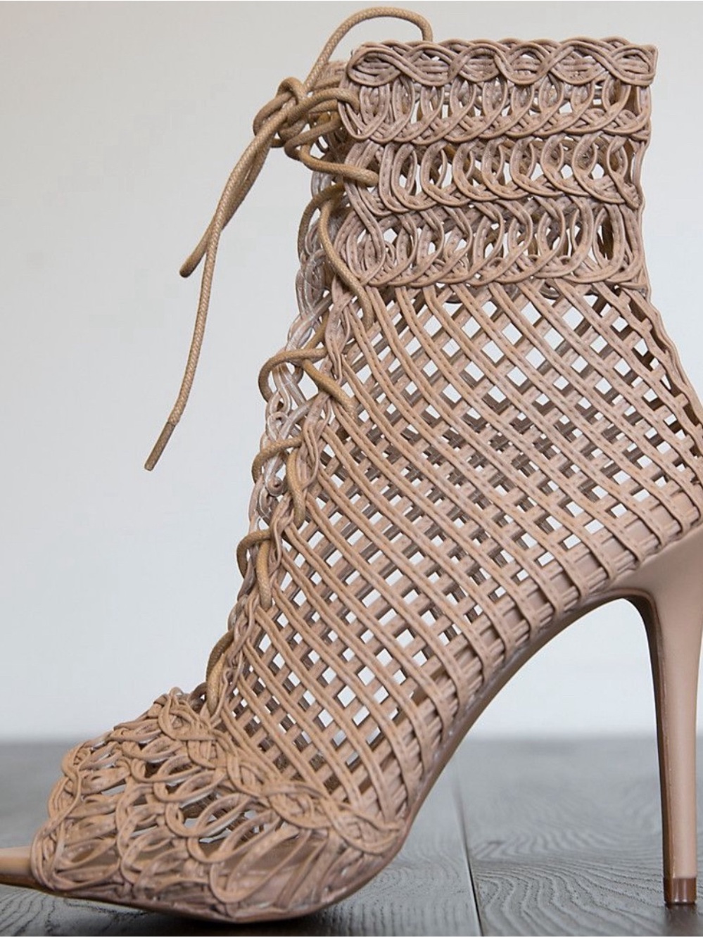 Liliana Woven  Lace-Up High Heel Bootie in Taupe size 8
